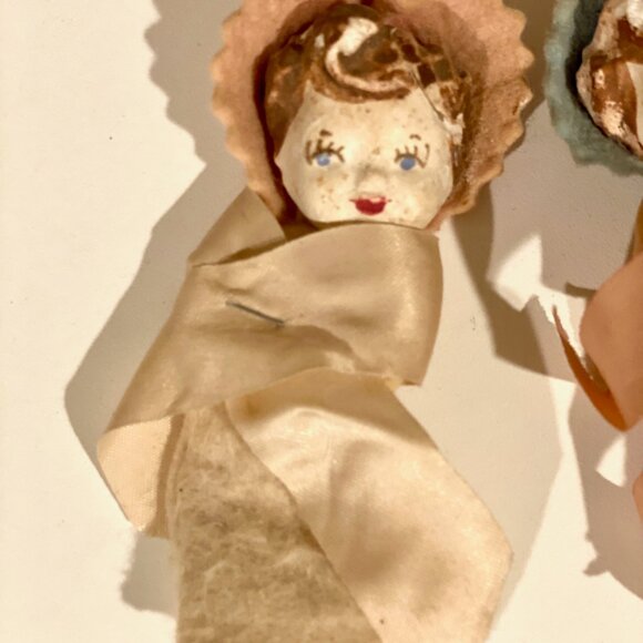 Vintage Set of 2 Baby Dolls - Painted Plaster Faces & Ribbon/Felt Wrapped Bodies - Picture 2 of 6